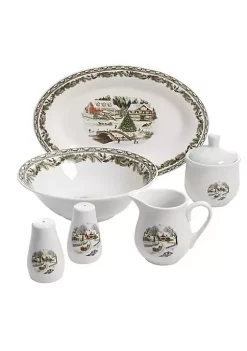 Gibson Home Christmas Toile 7 Piece Porcelain Serving Set in White
