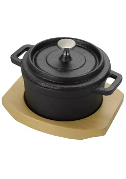 Gibson Home Campton 0.3 Quart Mini Round Cast Iron Casserole Dutch Oven with Lid and Wooden Base