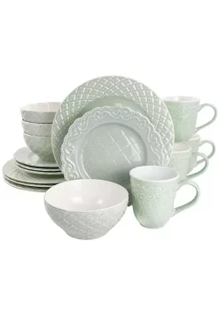 Gibson Home Quilted Eyelet 16 Piece Round Fine Ceramic Dinnerware Set in Light Green