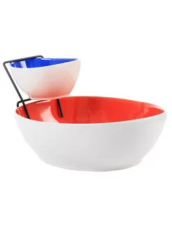 Gibson Home Crenshaw 3 Piece Hand Painted Stoneware Chip and Dip Set with Metal Rack