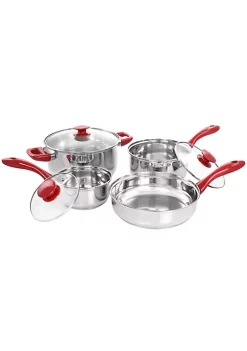 Gibson Home Crawson 7 Piece Stainless Steel Cookware Set in Chrome with Red Handles -Fossil store Belk 934
