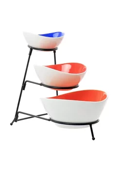 Gibson Home Crenshaw 4 Piece Hand Painted Stoneware 3-Tier Serving Bowl Set with Metal Rack -Fossil store Belk 974