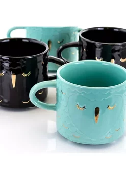 Gibson Home Lashes 4 Piece 24.5 Ounce Stoneware Figural Mug Set in Teal and Black -Fossil store Belk 983