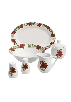 Gibson Home Perfect for Holidays Poinsettia 7 Piece Porcelain Serving Set in Red